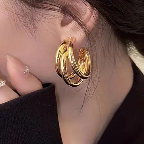 Earrings Triple Hoop Gold Glam Classy Stylish Minimalist Trendy Simple Sexy New - Picture 1 of 7